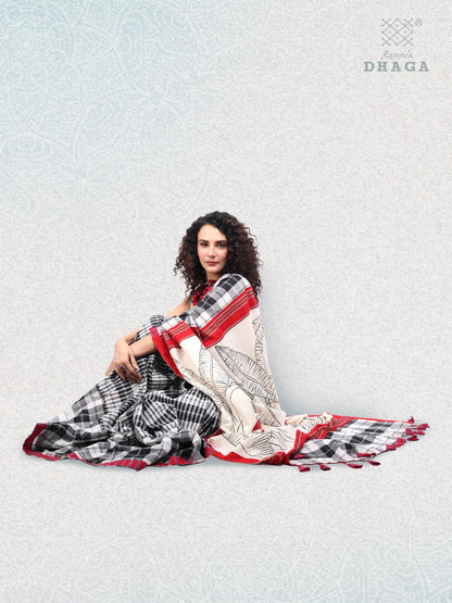Handpainted Banana Leaf & Flower Pallu Handloom Gamchha Patchwork Saree  – Black, White & Red GS102