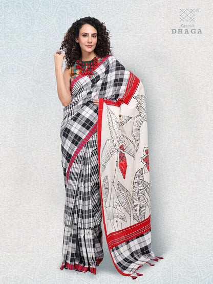 Handpainted Banana Leaf & Flower Pallu Handloom Gamchha Patchwork Saree  – Black, White & Red GS102