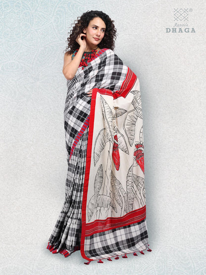 Handpainted Banana Leaf & Flower Pallu Handloom Gamchha Patchwork Saree  – Black, White & Red GS102
