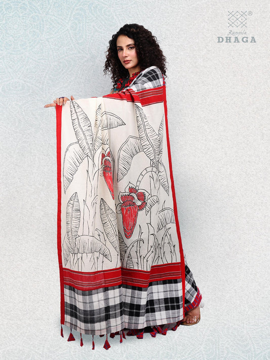 Handpainted Banana Leaf & Flower Pallu Handloom Gamchha Patchwork Saree  – Black, White & Red GS102