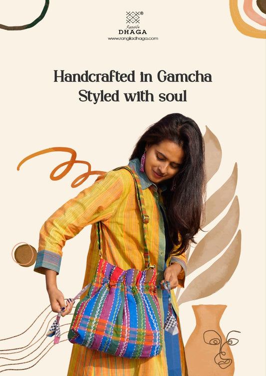 Handcrafted Gamcha Potli Sling Bag with Kantha Hand Embroidery & Drawstring Closure | Rangila Dhaga B