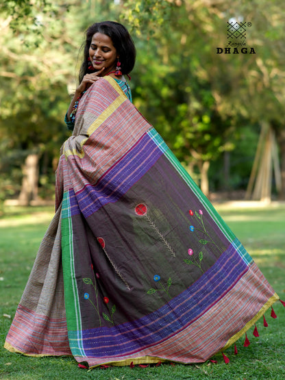 Handloom  Gamcha Saree with Hand Embroidered Floral Pallu in Earth Brown & Violet  GS117