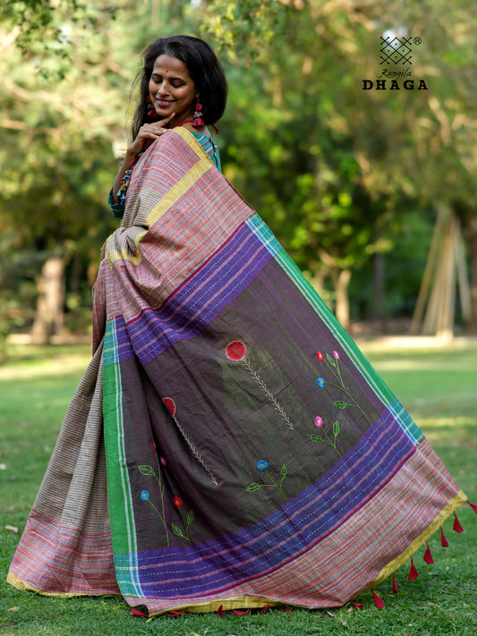 Handloom  Gamcha Saree with Hand Embroidered Floral Pallu in Earth Brown & Violet  GS117