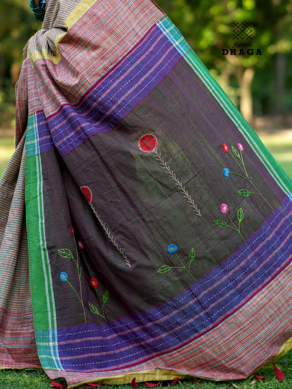 Handloom  Gamcha Saree with Hand Embroidered Floral Pallu in Earth Brown & Violet  GS117
