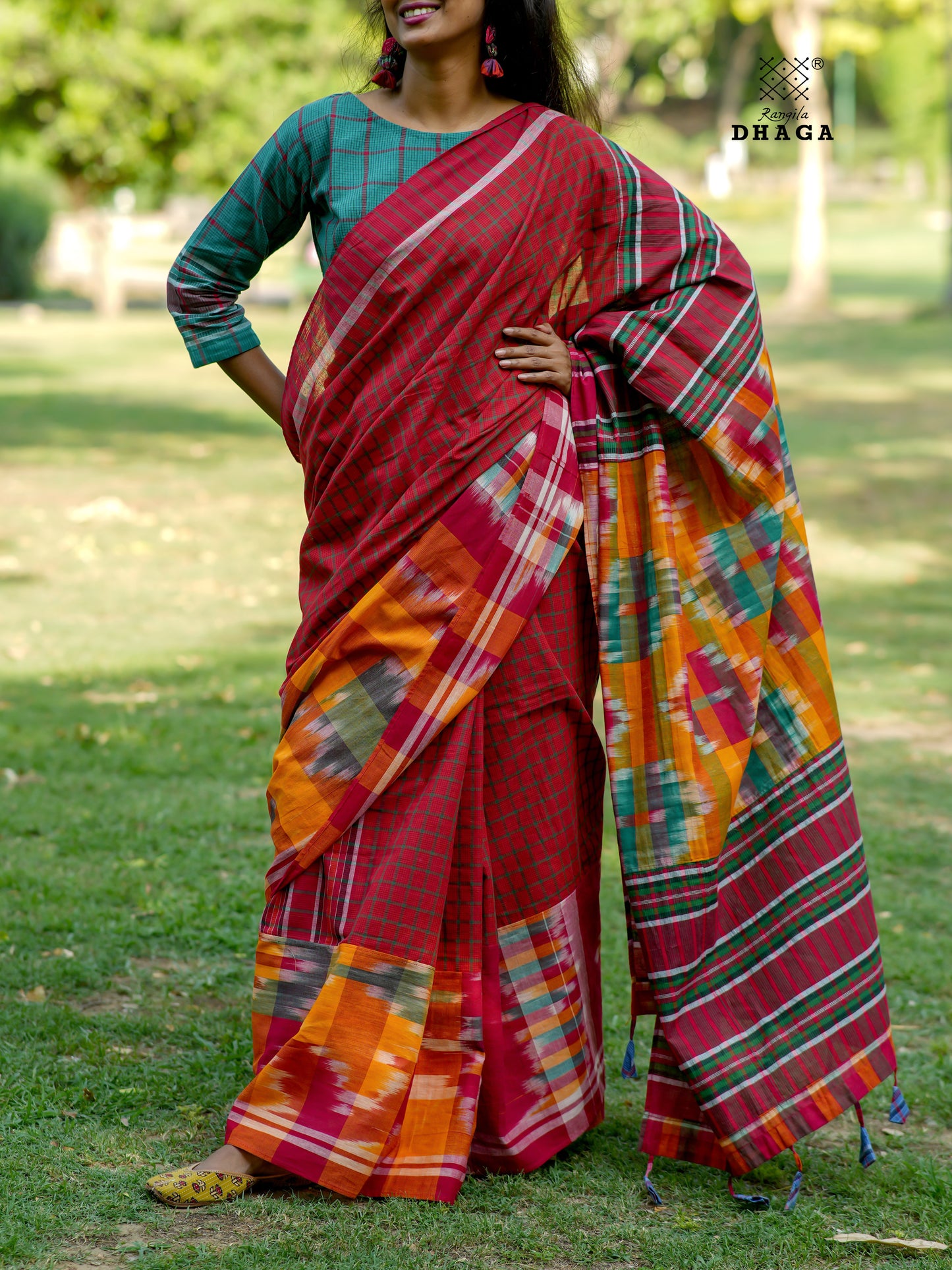 Handloom Patchwork Gamcha Saree in Crimson Red & Multicolor Kotki Pallu with Tassels GS115