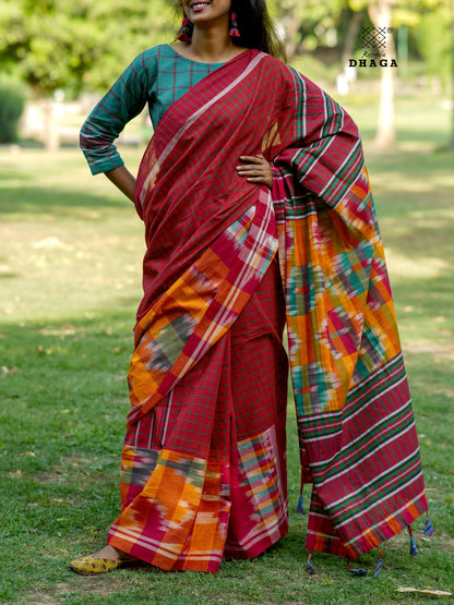Handloom Patchwork Gamcha Saree in Crimson Red & Multicolor Kotki Pallu with Tassels GS115