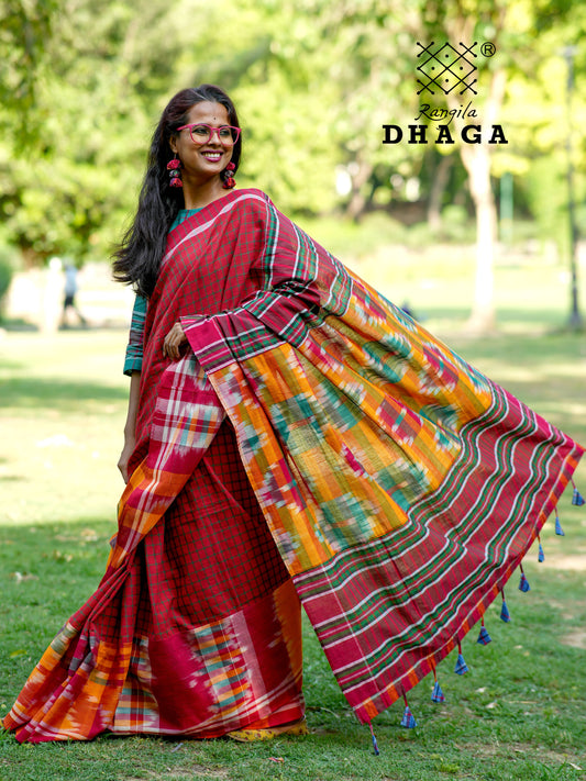 Handloom Patchwork Gamcha Saree in Crimson Red & Multicolor Kotki Pallu with Tassels GS115