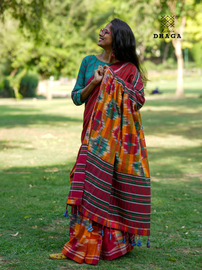 Handloom Patchwork Gamcha Saree in Crimson Red & Multicolor Kotki Pallu with Tassels GS115