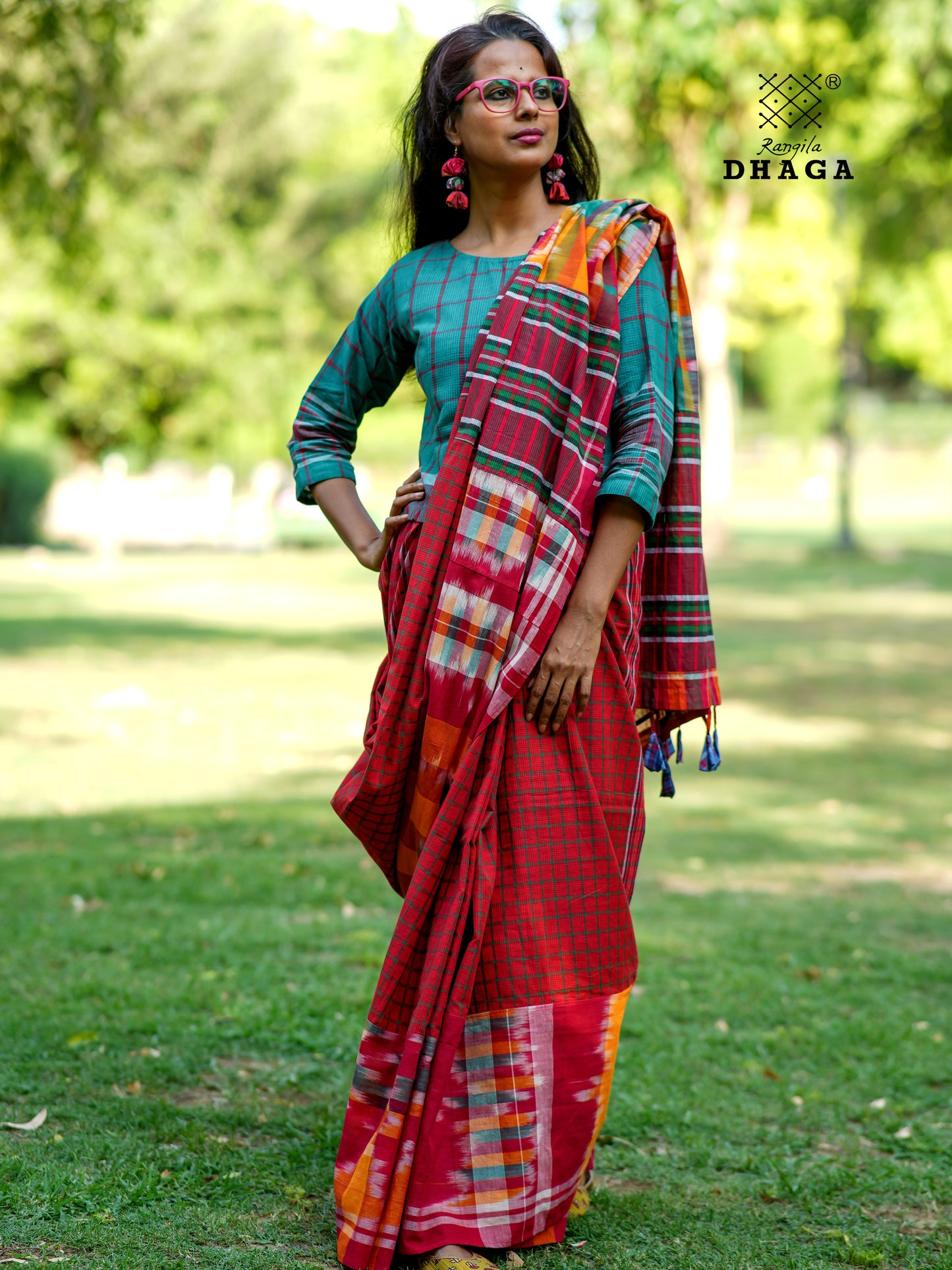 Handloom Patchwork Gamcha Saree in Crimson Red & Multicolor Kotki Pallu with Tassels GS115