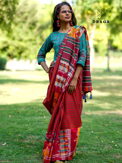 Handloom Patchwork Gamcha Saree in Crimson Red & Multicolor Kotki Pallu with Tassels GS115