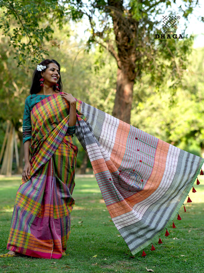 Handloom  Gamcha Saree with Hand Embroidered Fish Pallu in Earth Brown & Violet  GS118