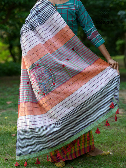 Handloom  Gamcha Saree with Hand Embroidered Fish Pallu in Earth Brown & Violet  GS118