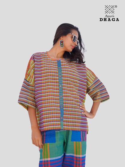 Handloom Gamcha Cotton Multicolor Free Size Front-Open Women’s Short Top/Jacket (TOP19)