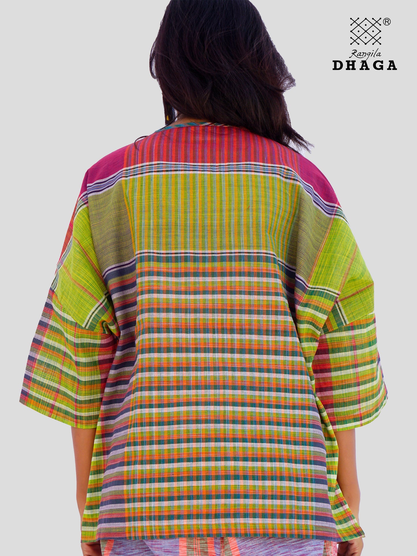 Handloom Gamcha Cotton Multicolor Free Size Front-Open Women’s Short Top/Jacket (TOP19)