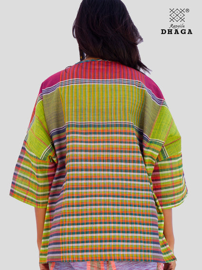 Handloom Gamcha Cotton Multicolor Free Size Front-Open Women’s Short Top/Jacket (TOP19)