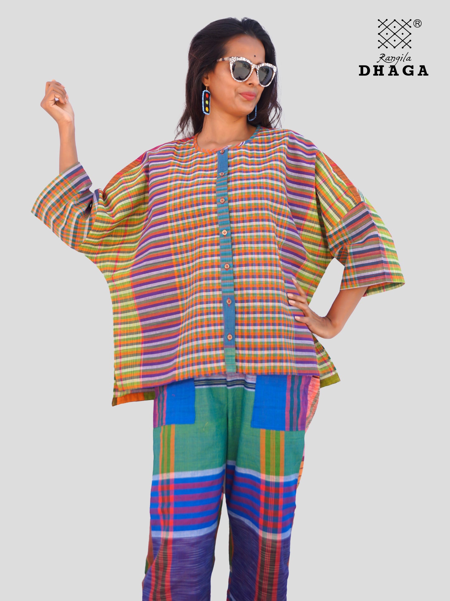 Handloom Gamcha Cotton Multicolor Free Size Front-Open Women’s Short Top/Jacket (TOP19)