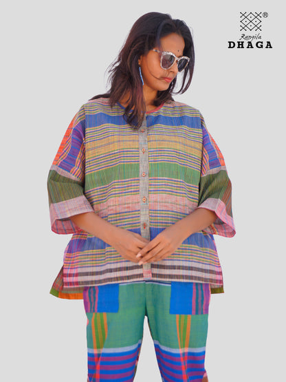 Handloom Gamcha Cotton Multicolor Free Size Front-Open Women’s Short Top/Jacket (TOP21)