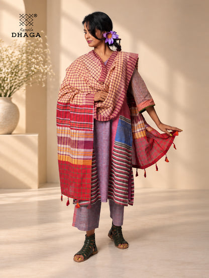 Handloom Gamcha Patchwork Dupatta | Multicolor Cotton Dupatta with Tassle (2.5m)- GD023