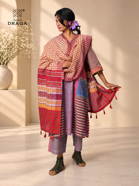Handloom Gamcha Patchwork Dupatta | Multicolor Cotton Dupatta with Tassle (2.5m)- GD023
