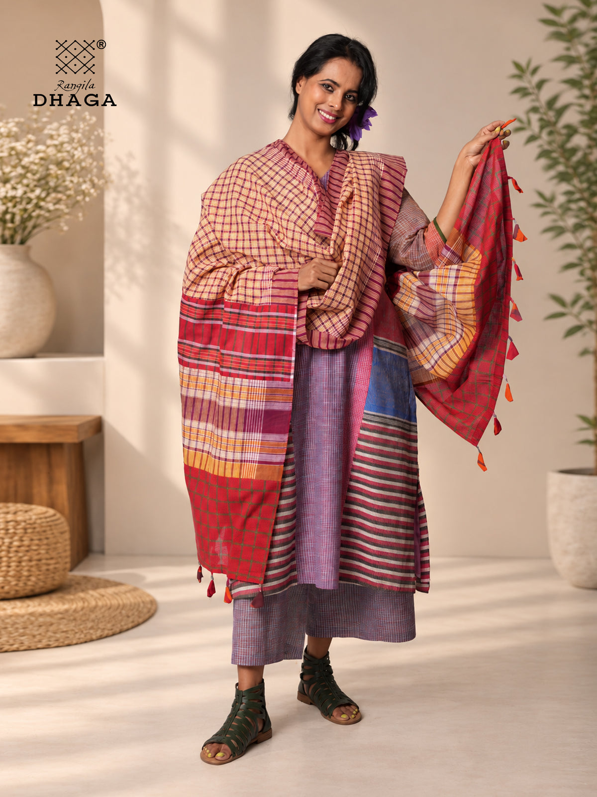 Handloom Gamcha Patchwork Dupatta | Multicolor Cotton Dupatta with Tassle (2.5m)- GD023