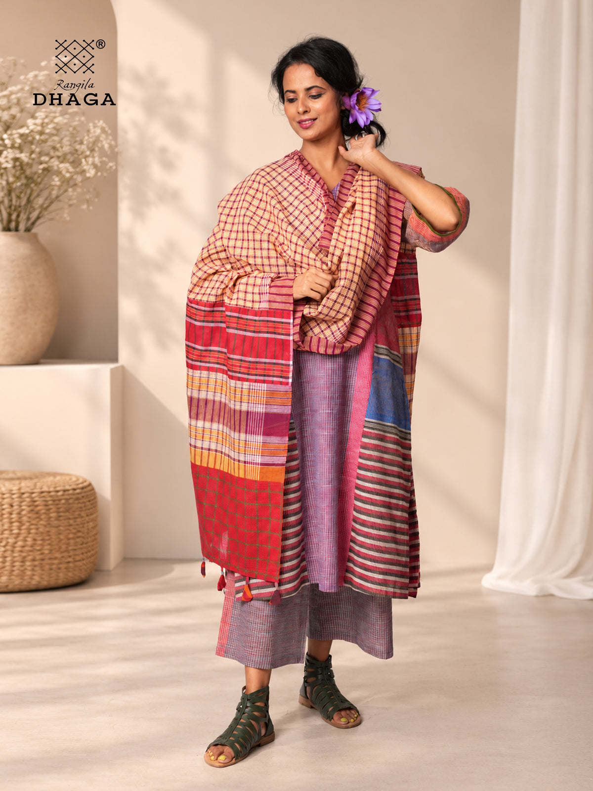 Handloom Gamcha Patchwork Dupatta | Multicolor Cotton Dupatta with Tassle (2.5m)- GD023