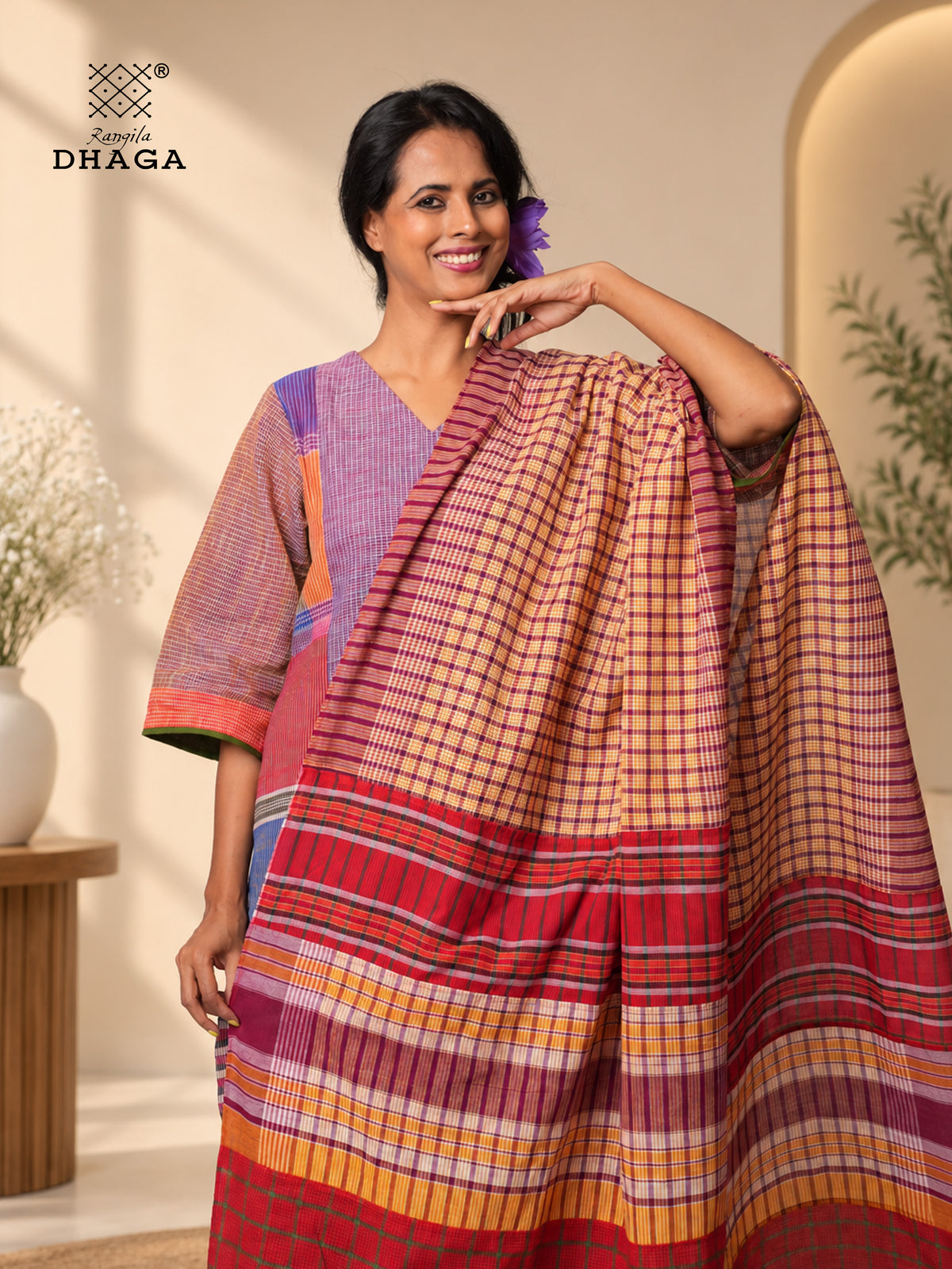Handloom Gamcha Patchwork Dupatta | Multicolor Cotton Dupatta with Tassle (2.5m)- GD023