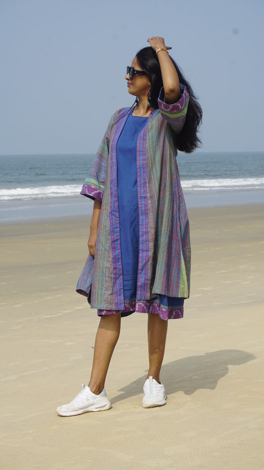 Long Shrug with Plain Blue Dress Set | Handloom Cotton Women’s Outfit – Rangila Dhaga