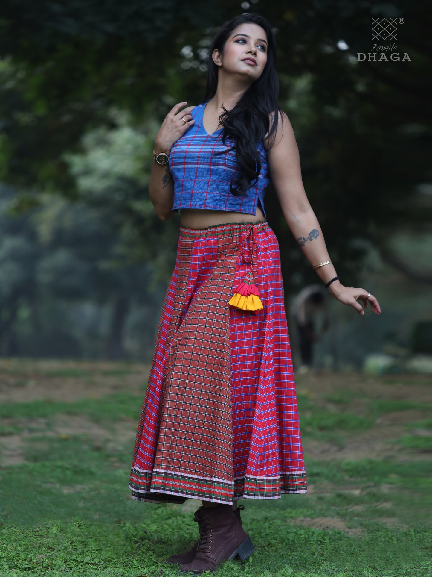Skirt Long Gamcha Fashion Handloom Cotton Red SHR209