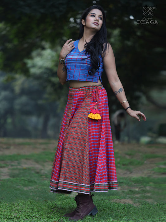 Skirt Long Gamcha Fashion Handloom Cotton Red SHR209