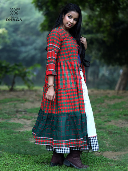 Shrug Long Gamcha Fashion Handloom Cotton Red, Red and Green Check SHR25