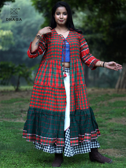 Shrug Long Gamcha Fashion Handloom Cotton Red, Red and Green Check SHR25