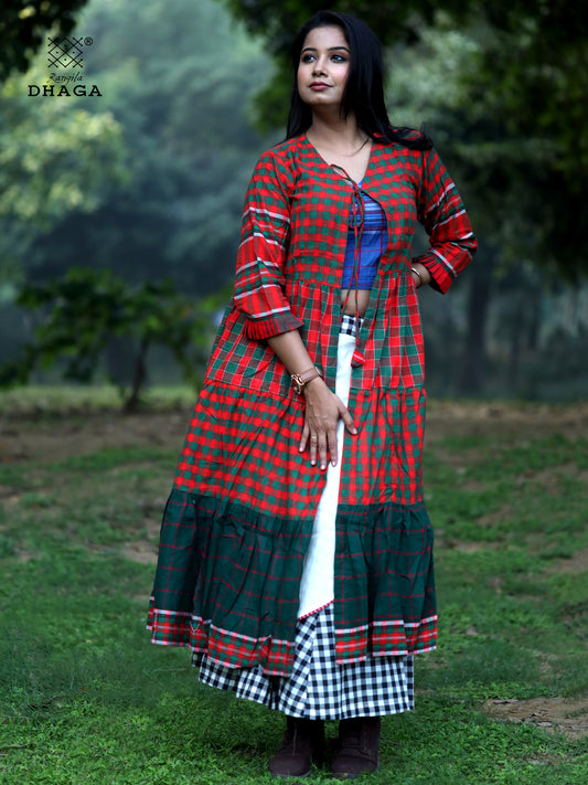 Shrug Long Gamcha Fashion Handloom Cotton Red, Red and Green Check SHR25