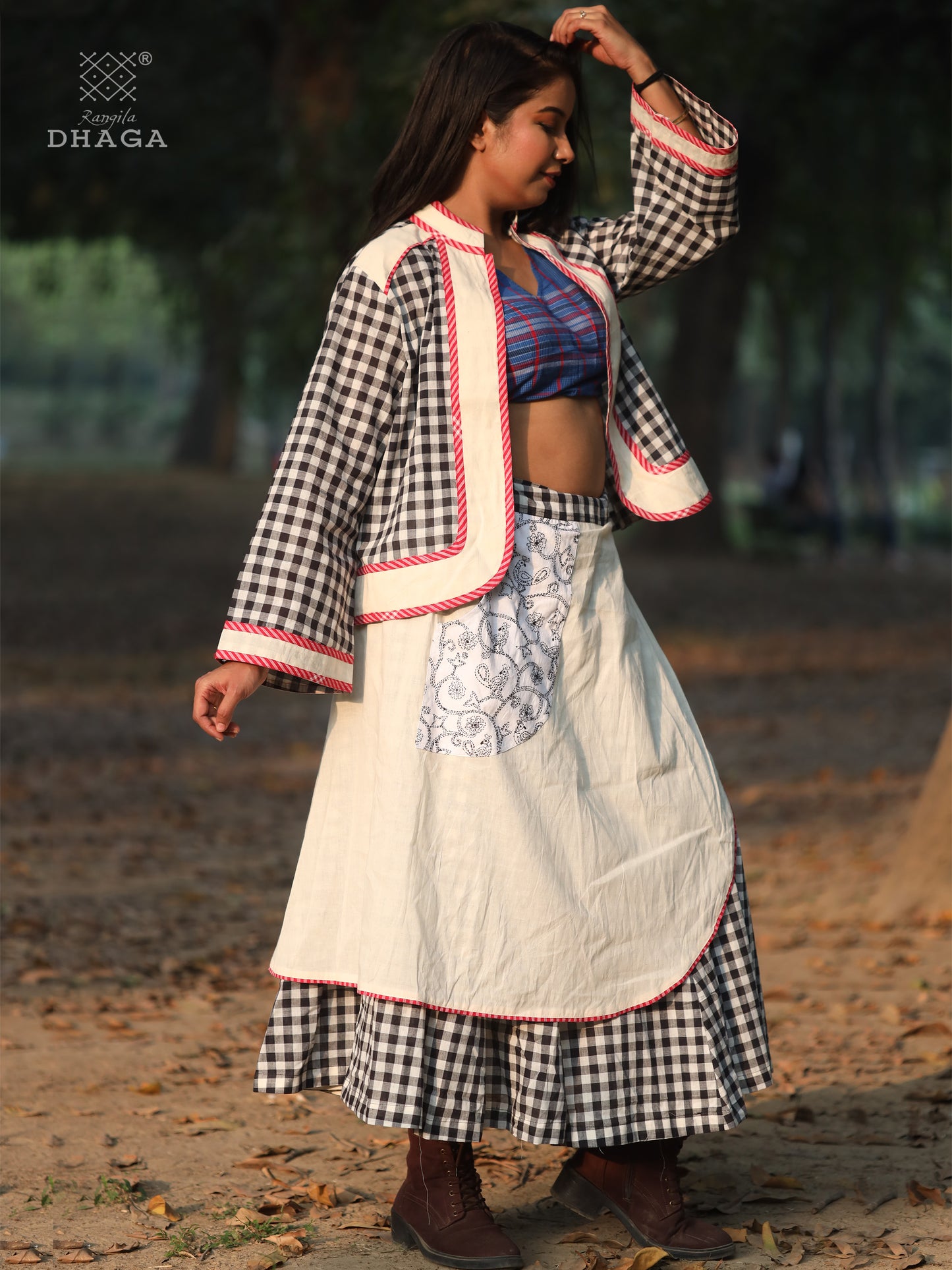 Skirt Long Hand-embroidered Gamcha Fashion Handloom Cotton Black and White