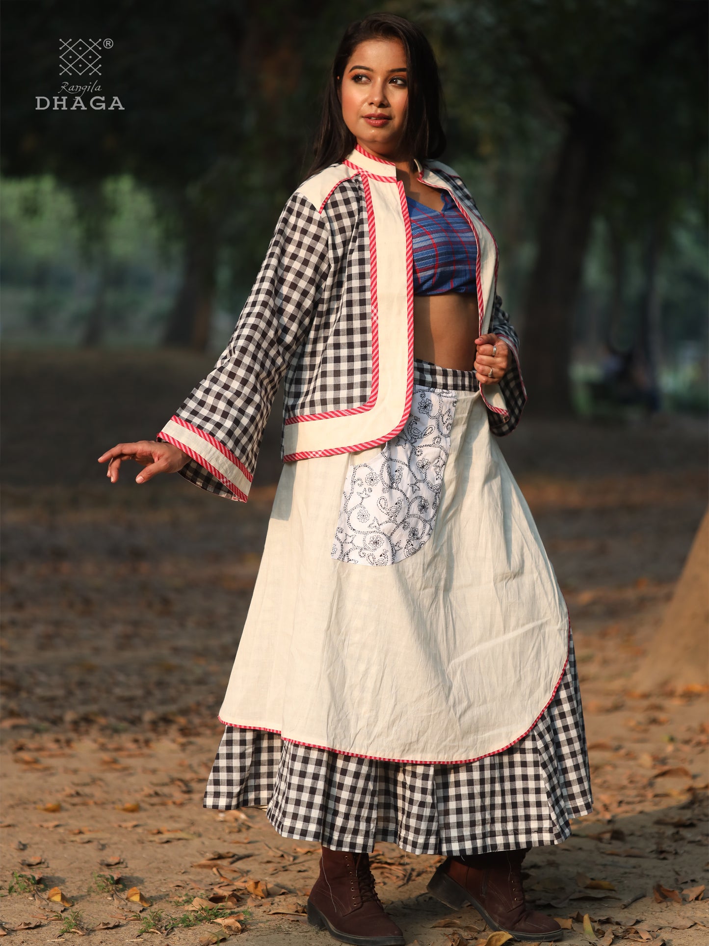 Skirt Long Hand-embroidered Gamcha Fashion Handloom Cotton Black and White