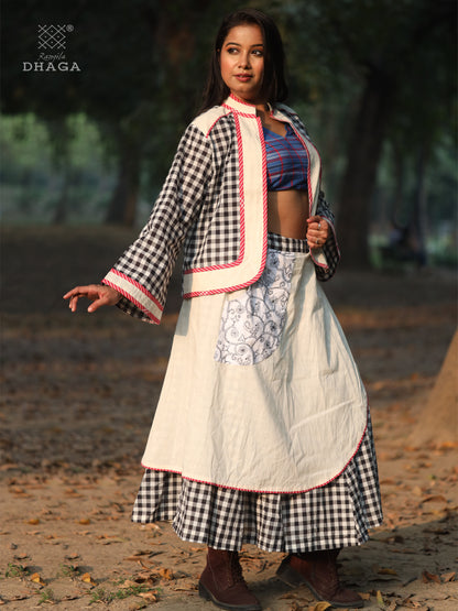 Skirt Long Hand-embroidered Gamcha Fashion Handloom Cotton Black and White
