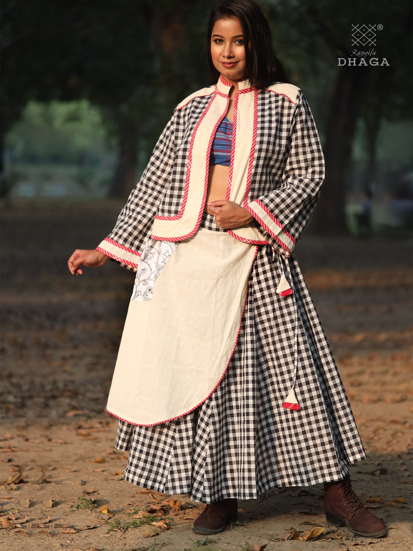 Skirt Long Hand-embroidered Gamcha Fashion Handloom Cotton Black and White
