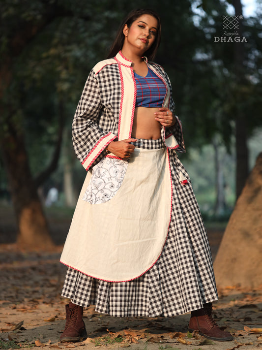 Skirt Long Hand-embroidered Gamcha Fashion Handloom Cotton Black and White