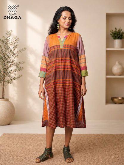 Rangila Mosaic- Handloom Gamcha Cotton Multicolour A-Line Dress| Rangila Dhaga  K14