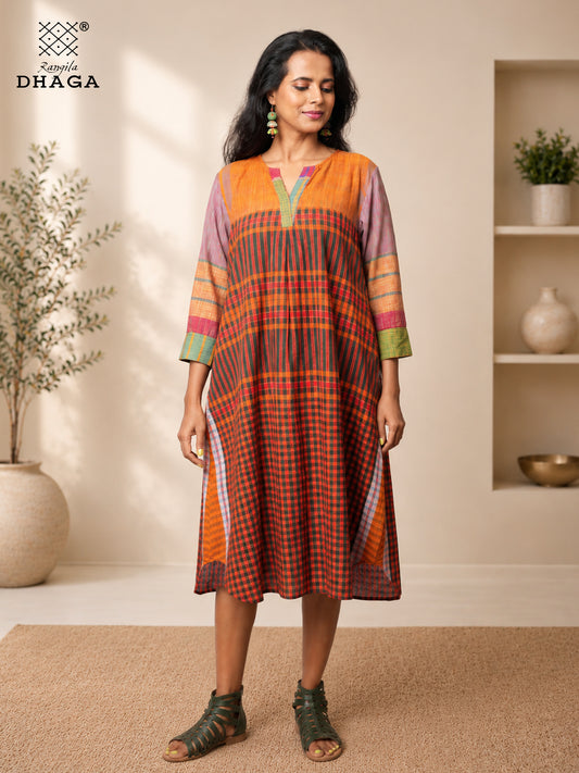 Rangila Mosaic- Handloom Gamcha Cotton Multicolour A-Line Dress| Rangila Dhaga  K14