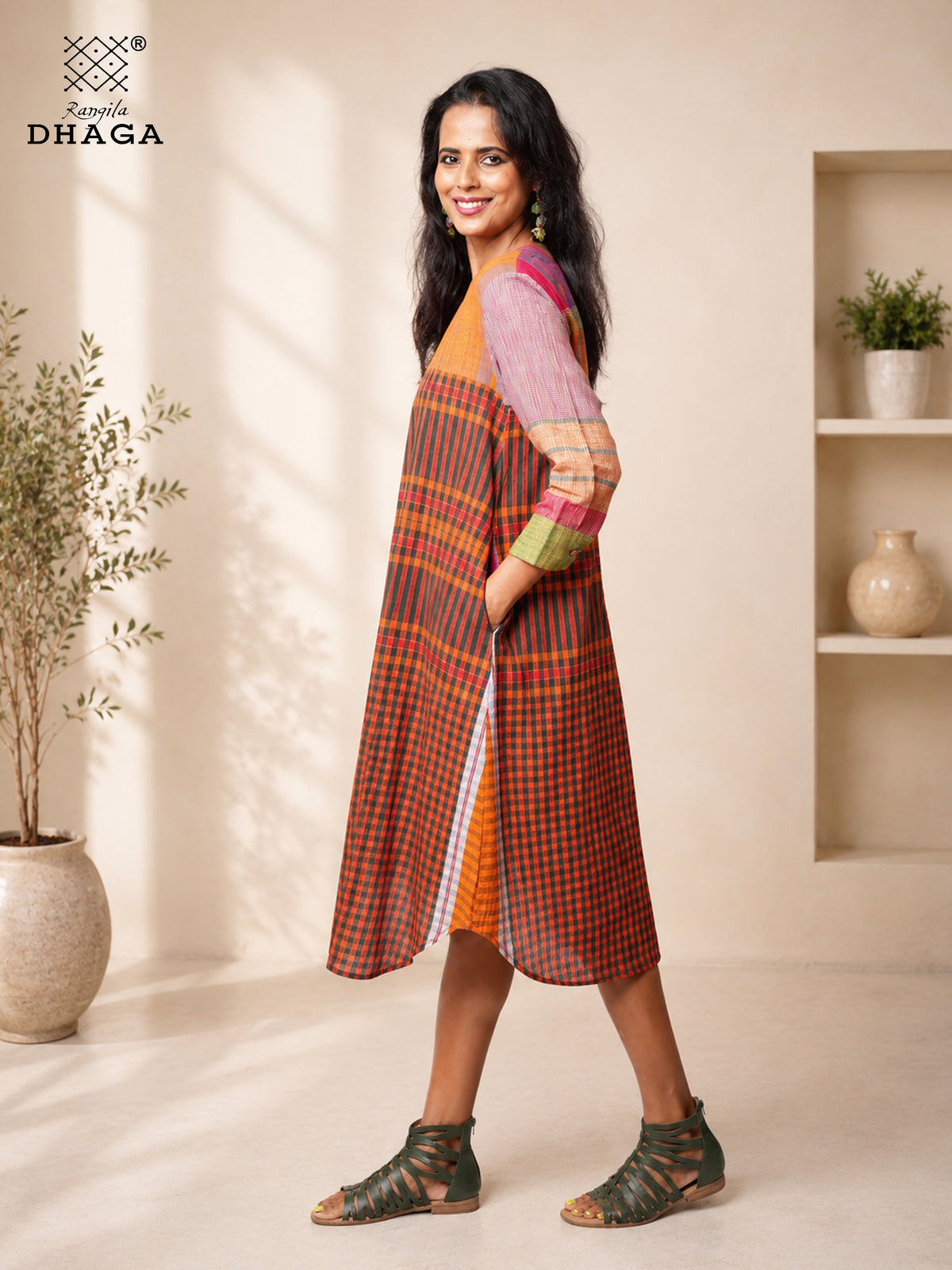Rangila Mosaic- Handloom Gamcha Cotton Multicolour A-Line Dress| Rangila Dhaga  K14