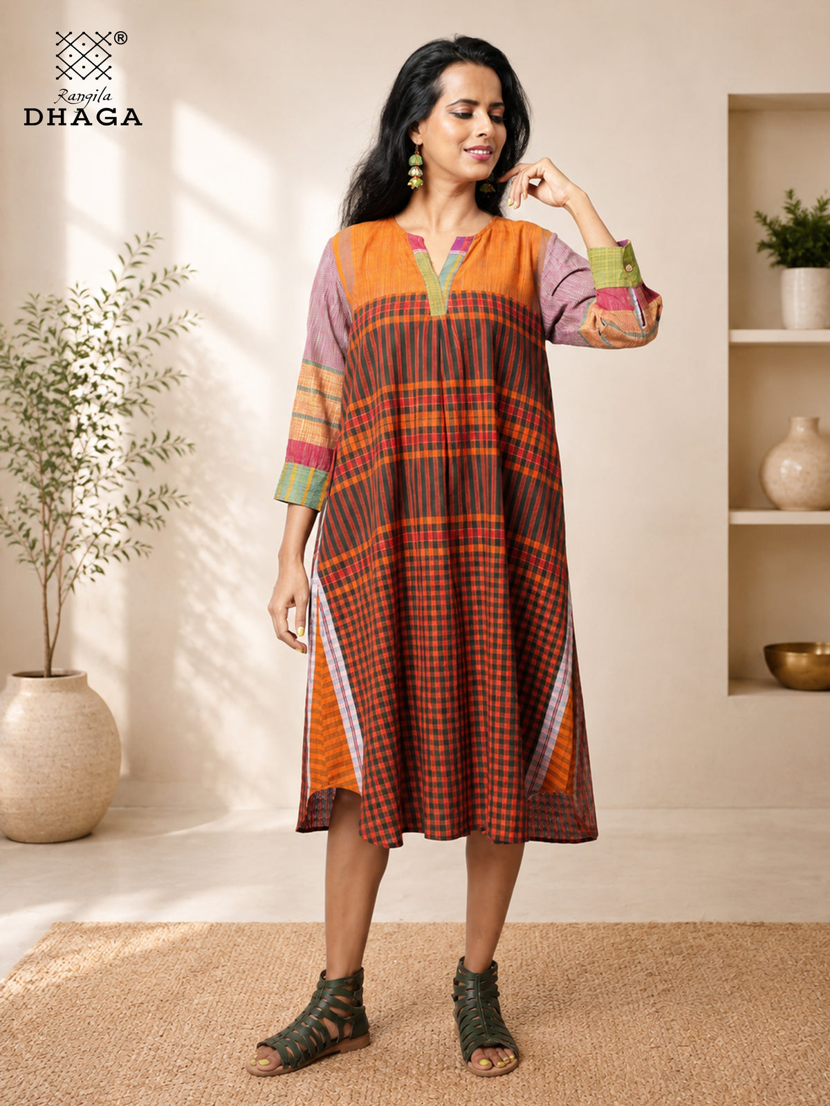 Rangila Mosaic- Handloom Gamcha Cotton Multicolour A-Line Dress| Rangila Dhaga  K14