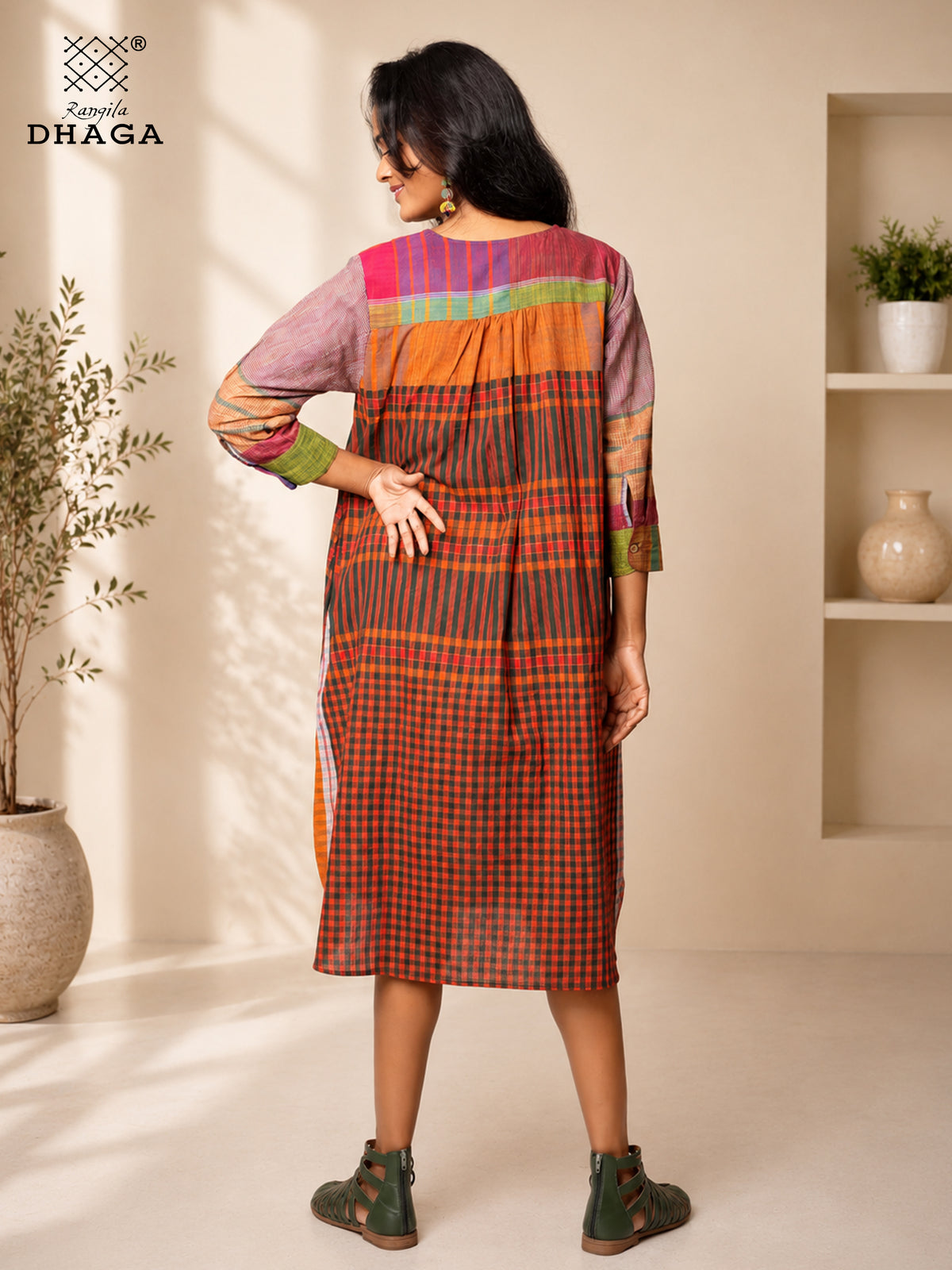 Rangila Mosaic- Handloom Gamcha Cotton Multicolour A-Line Dress| Rangila Dhaga  K14