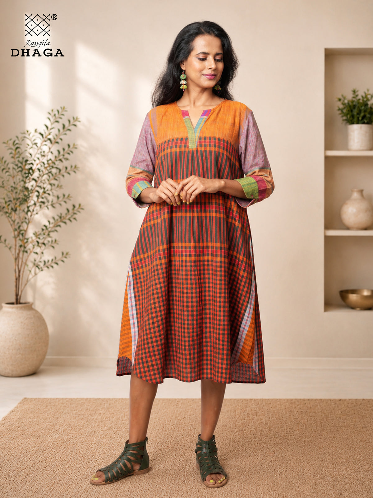 Rangila Mosaic- Handloom Gamcha Cotton Multicolour A-Line Dress| Rangila Dhaga  K14