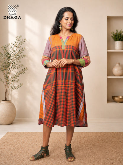 Rangila Mosaic- Handloom Gamcha Cotton Multicolour A-Line Dress| Rangila Dhaga  K14