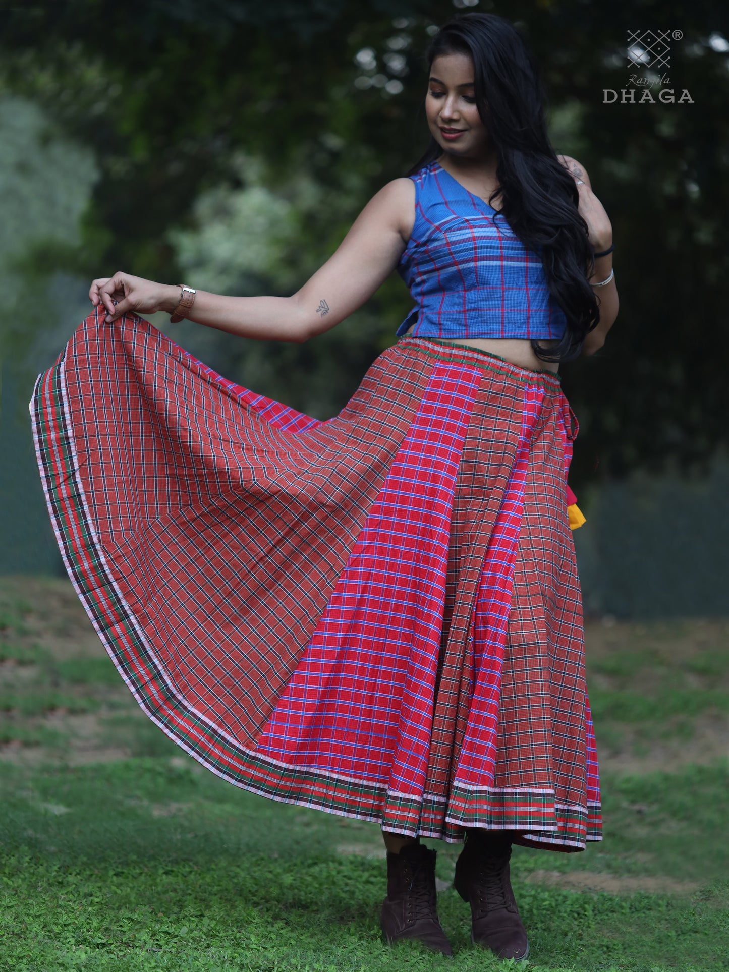 Skirt Long Gamcha Fashion Handloom Cotton Red SHR209