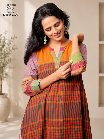 Rangila Mosaic- Handloom Gamcha Cotton Multicolour A-Line Dress| Rangila Dhaga  K14