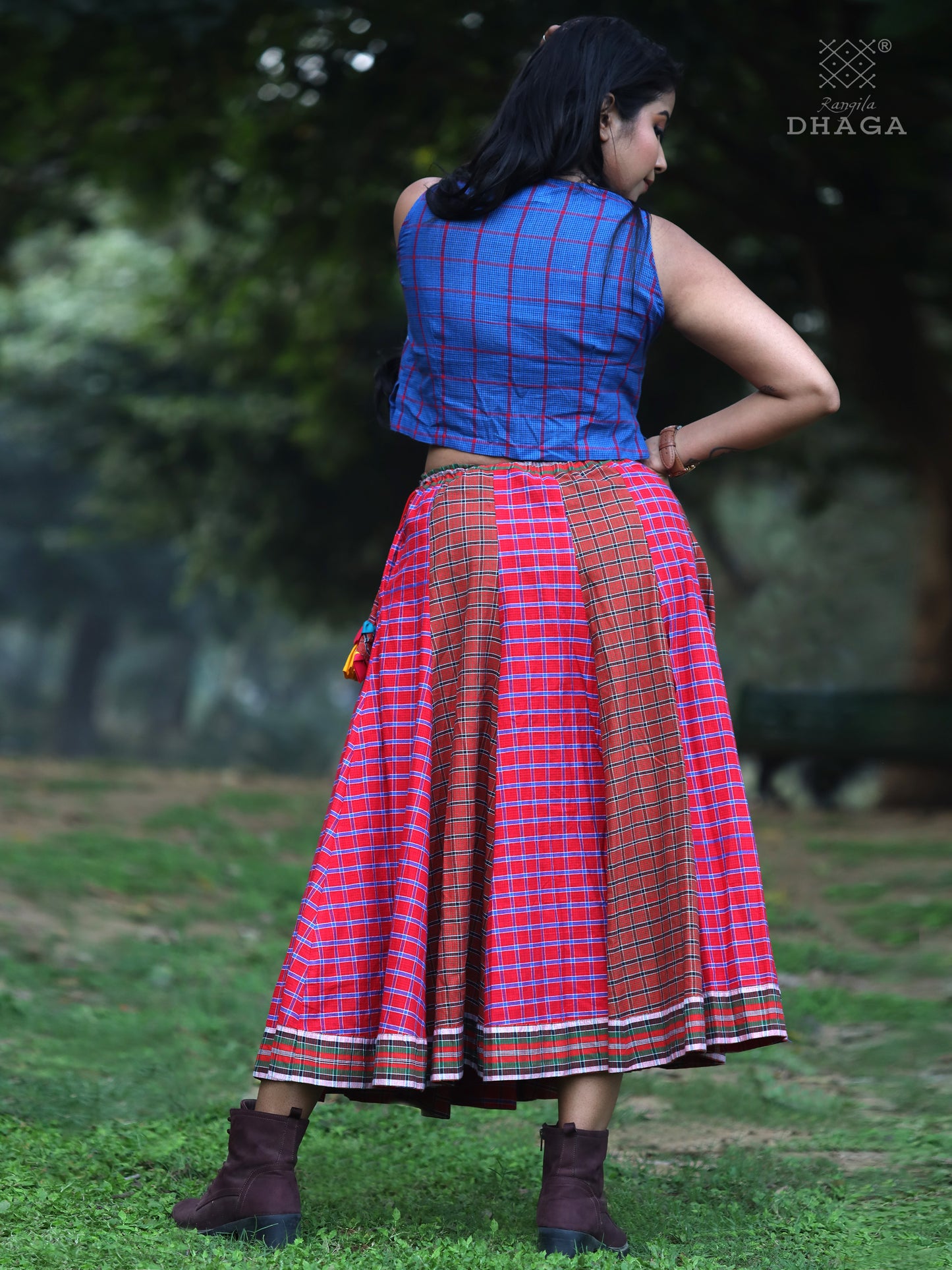 Skirt Long Gamcha Fashion Handloom Cotton Red SHR209