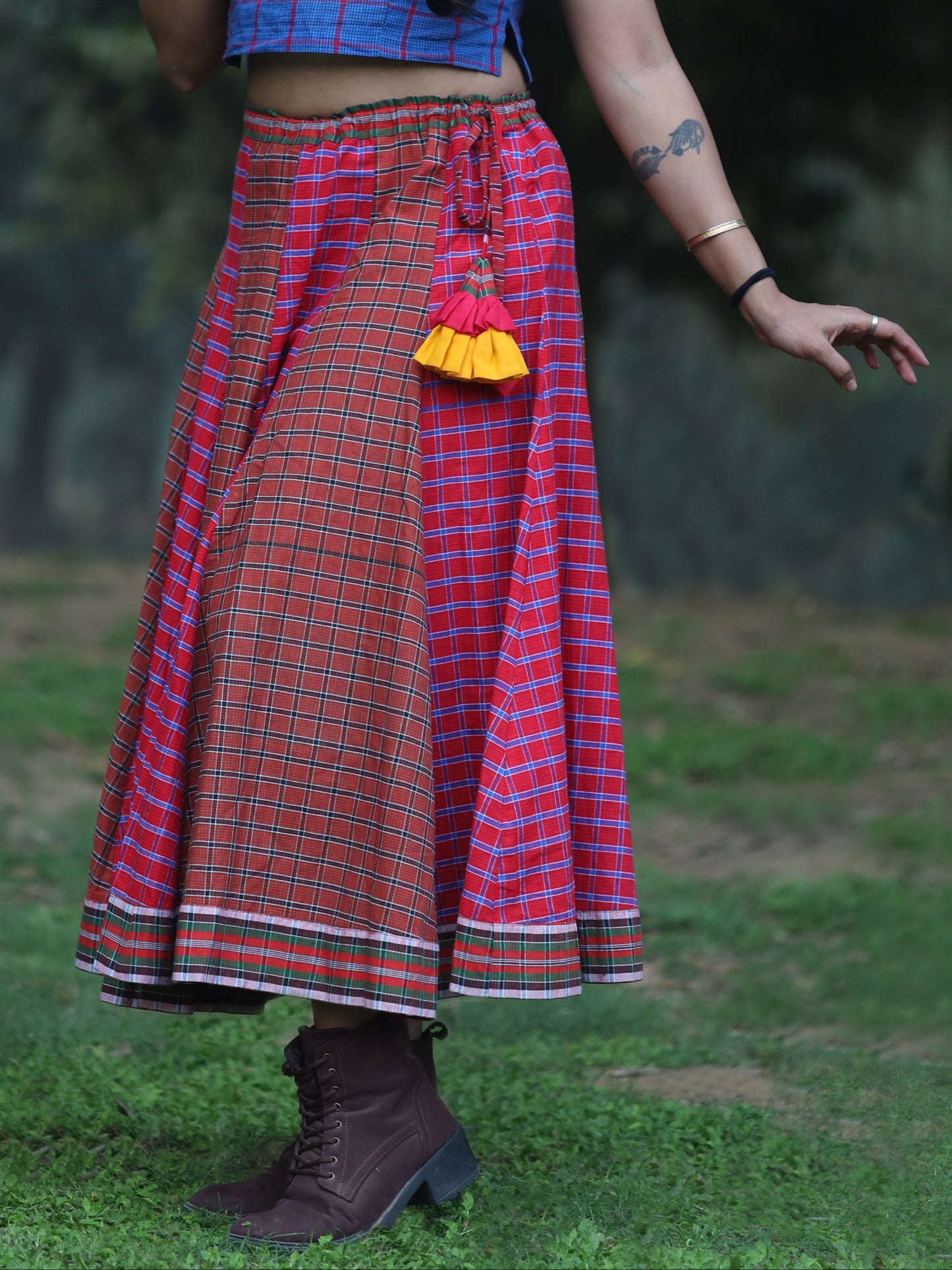 Skirt Long Gamcha Fashion Handloom Cotton Red SHR209