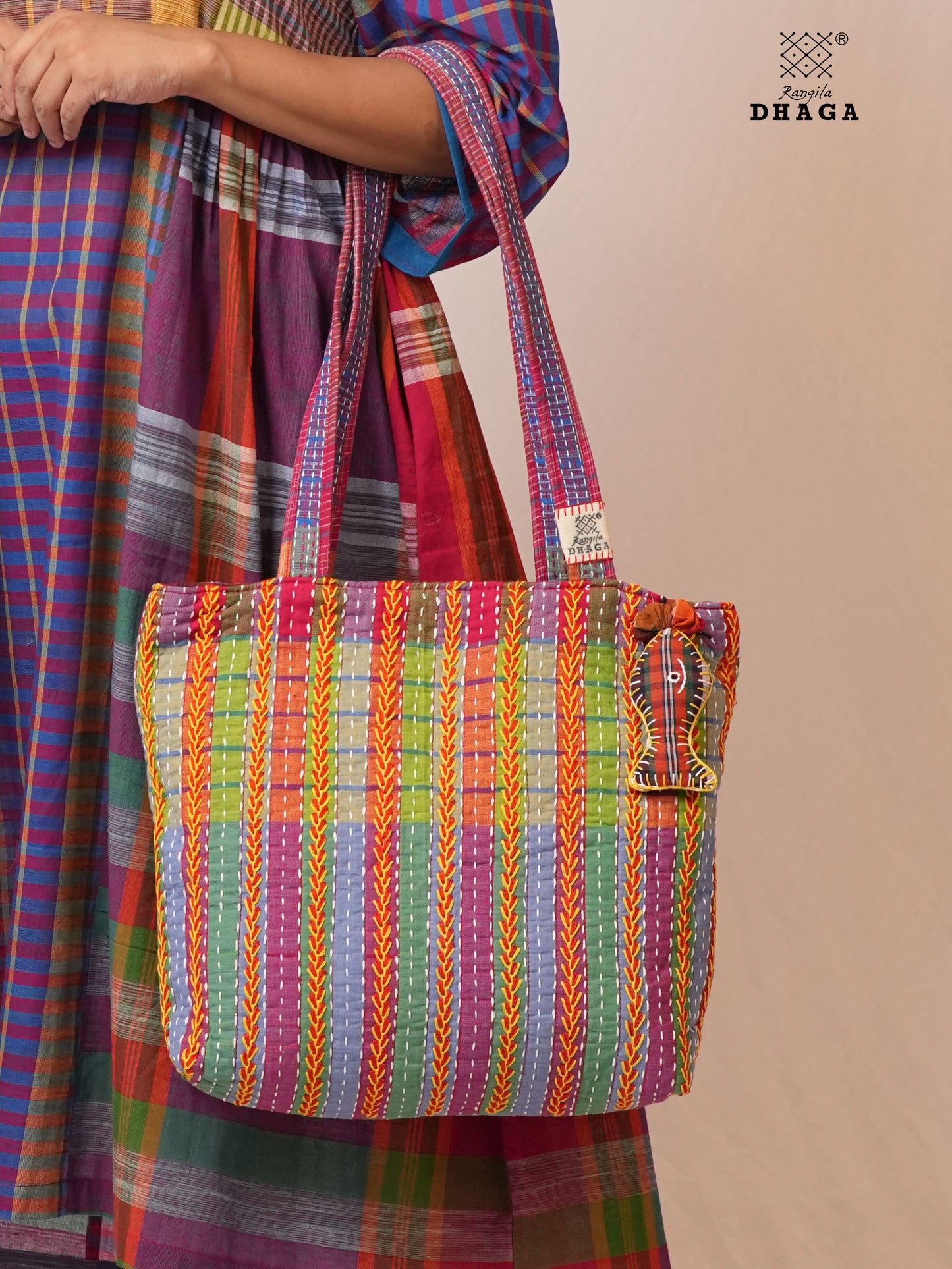 Hand-Embroidered Cotton Gamcha Tote Bag | Multicolor Artisan Shoulder Tote with Zip Closure & Multiple Pockets  105