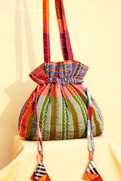 Multicolor Hand Embroidered Gamcha Potli Tote Bag – Kantha Stitch Drawstring Bag | Rangila Dhaga Bag 40